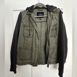 Army green denim jacket with sweatshirt sleeves and hoodie. Size medium